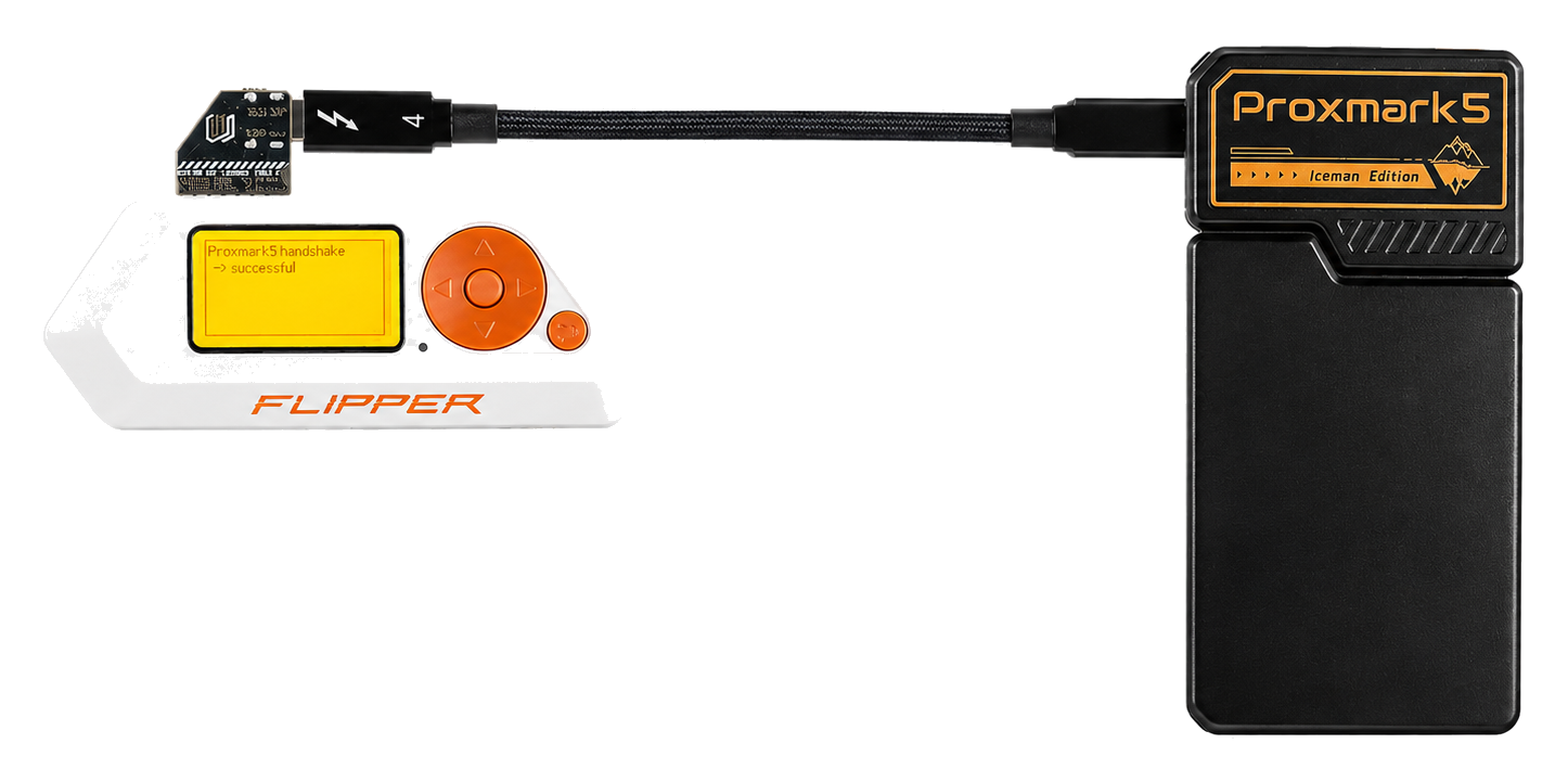 Flipper Zero connected to a Proxmark5 Iceman Edition over USB-C, screen reading 'Proxmark5 handshake successful'